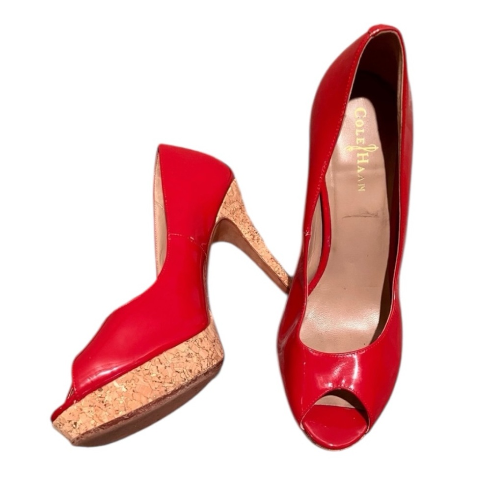 Cole Haan Mariela Air OT Red Patent Leather Cork Platform Peep Toe Heels Size 10